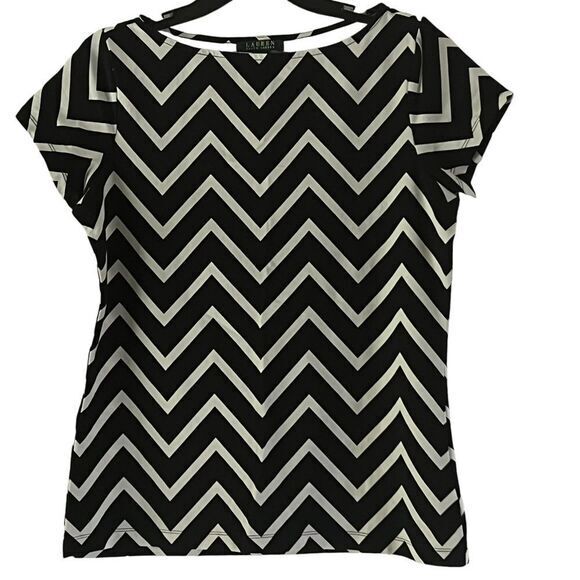 Lauren Ralph Lauren Black White Chevron Print Short Sleeve Top Blouse L‎ Stretch - Picture 1 of 12